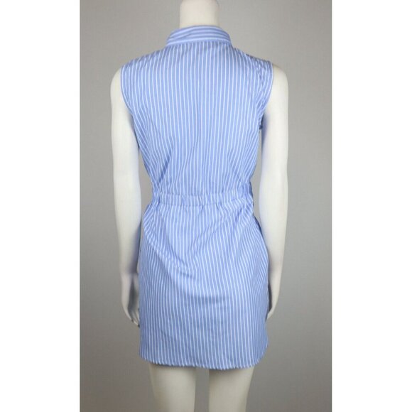 WOMEN'S BLUE STRIPED SLEEVELESS BELTED SHIRT DRESS - TRUE DESTINY - SIZE M - Picture 7 of 9